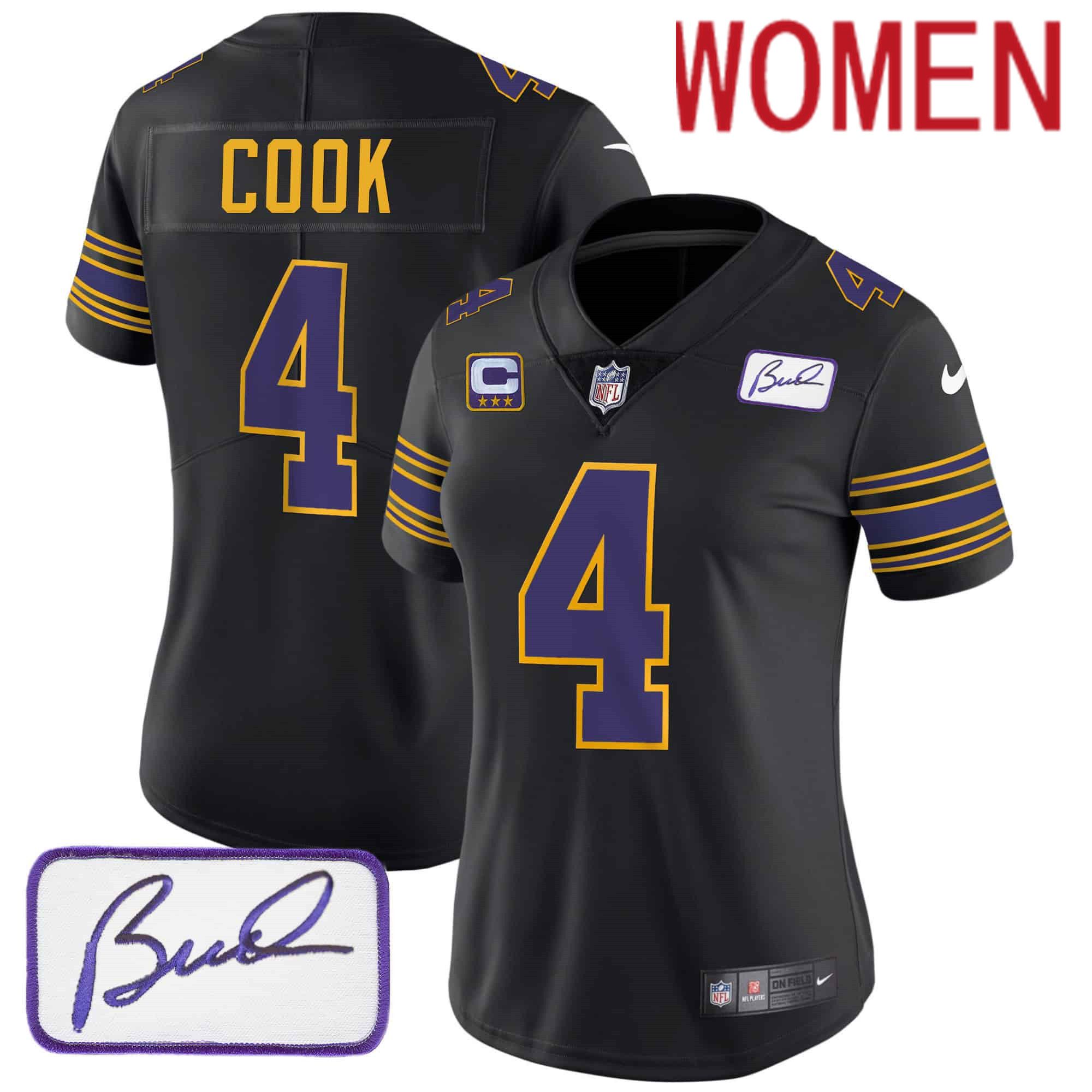 Women Minnesota Vikings 4 Cook Black 2024 Nike Bud Grant Patch Classic Limited NFL Jersey